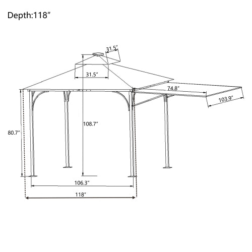 Patio 9. 8ft.L x 9. 8ft.W Gazebo with Extended Side Shed, Brown