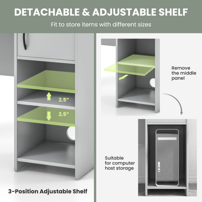Modern Gray Home Office Desk with Raised Display Shelf & Storage
