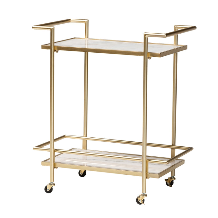 LOUISE GOLD AND WHITE MARBLE 2 TIER WINE CART