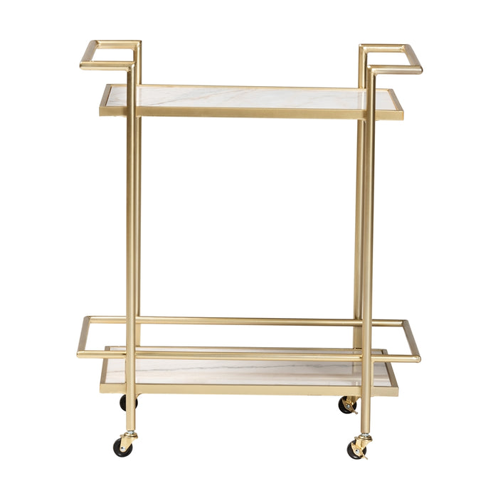 LOUISE GOLD AND WHITE MARBLE 2 TIER WINE CART