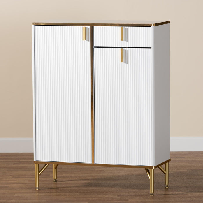 LILAC GLAM WHITE WOOD AND GOLD METAL 2-DOOR SHOE CABINET