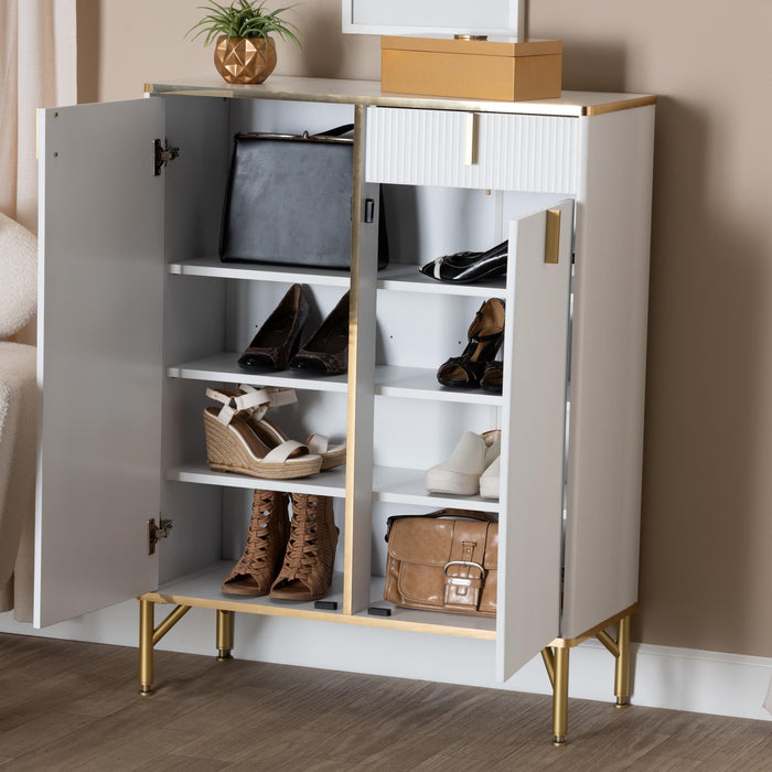 LILAC GLAM WHITE WOOD AND GOLD METAL 2-DOOR SHOE CABINET