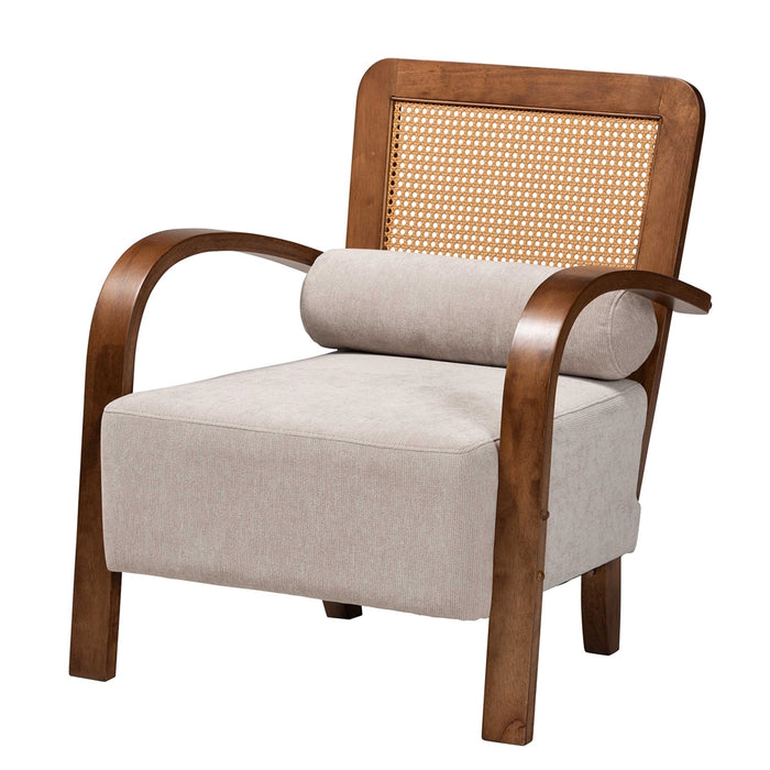 SAGE JAPANDI LIGHT GREY WOOD ARM CHAIR WITH WOVEN RATTAN