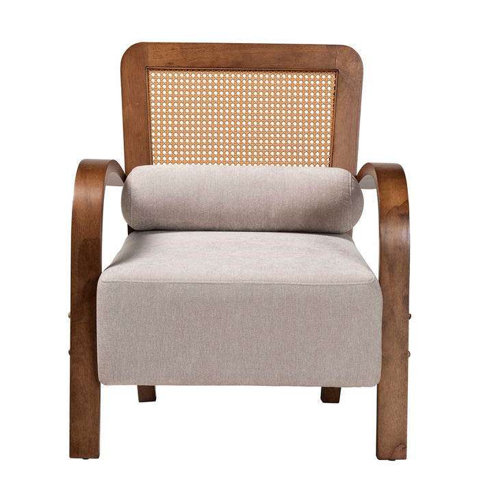 SAGE JAPANDI LIGHT GREY WOOD ARM CHAIR WITH WOVEN RATTAN