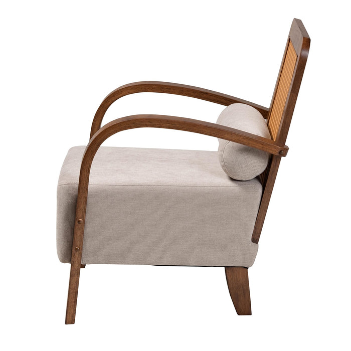 SAGE JAPANDI LIGHT GREY WOOD ARM CHAIR WITH WOVEN RATTAN