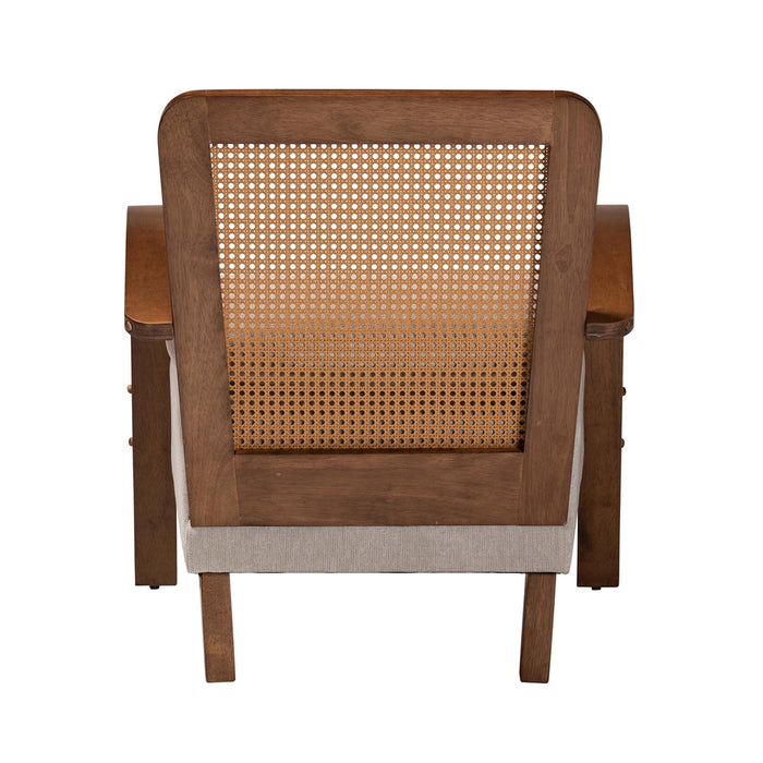 SAGE JAPANDI LIGHT GREY WOOD ARM CHAIR WITH WOVEN RATTAN