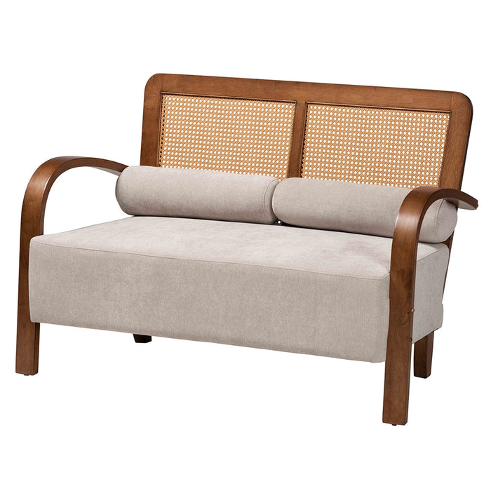 SAGE  JAPANDI LIGHT GREY  WOOD LOVESEAT WITH WOVEN RATTAN