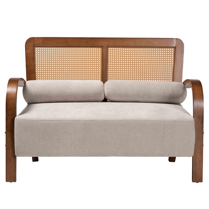 SAGE  JAPANDI LIGHT GREY  WOOD LOVESEAT WITH WOVEN RATTAN