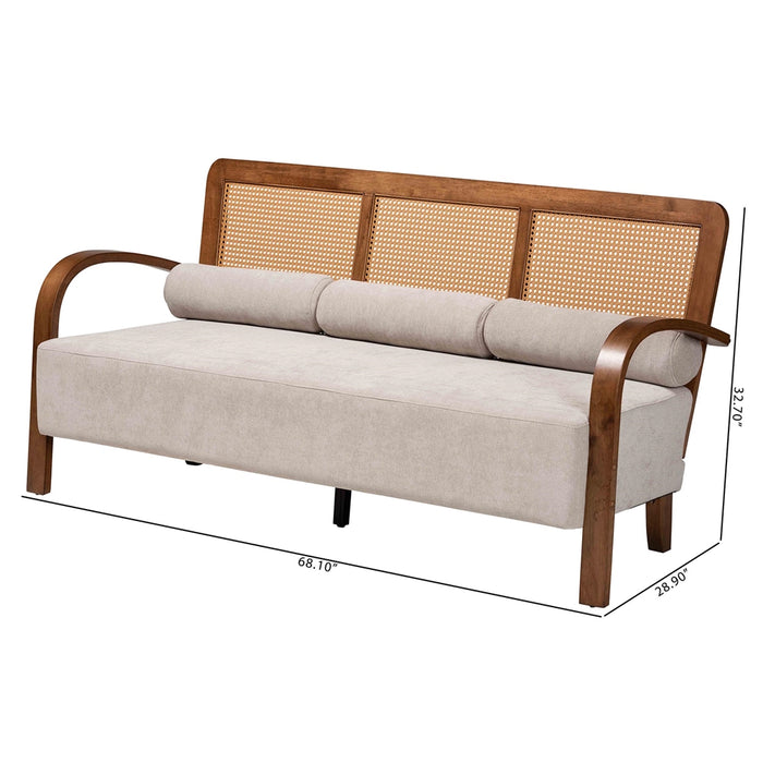 SAGE JAPANDI LIGHT GREY WOOD SOFA WITH WOVEN RATTAN