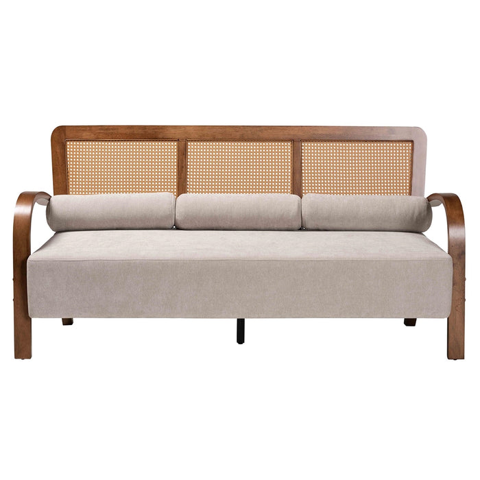 SAGE JAPANDI LIGHT GREY WOOD SOFA WITH WOVEN RATTAN