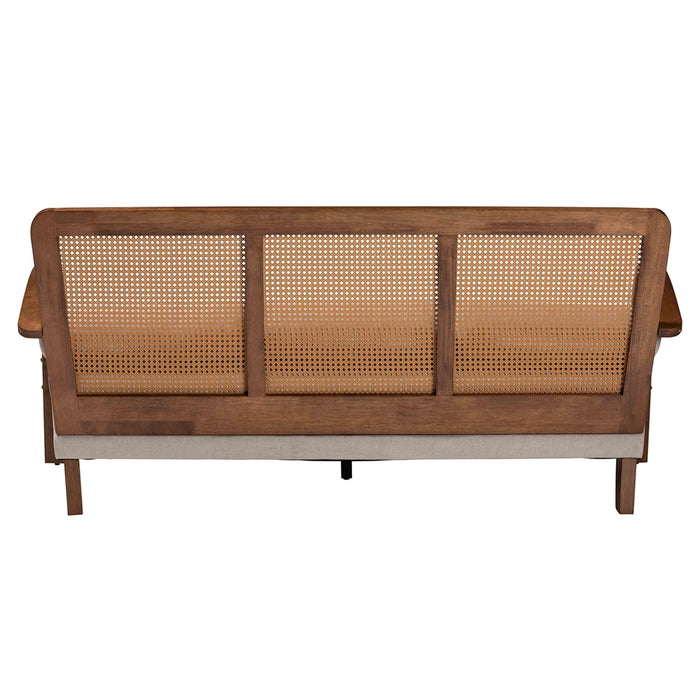 SAGE JAPANDI LIGHT GREY WOOD SOFA WITH WOVEN RATTAN