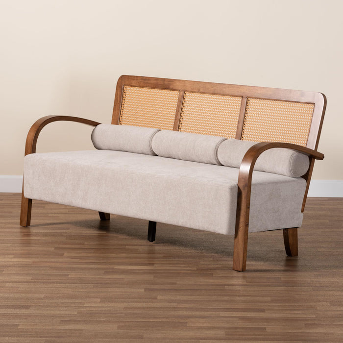 SAGE JAPANDI LIGHT GREY WOOD SOFA WITH WOVEN RATTAN