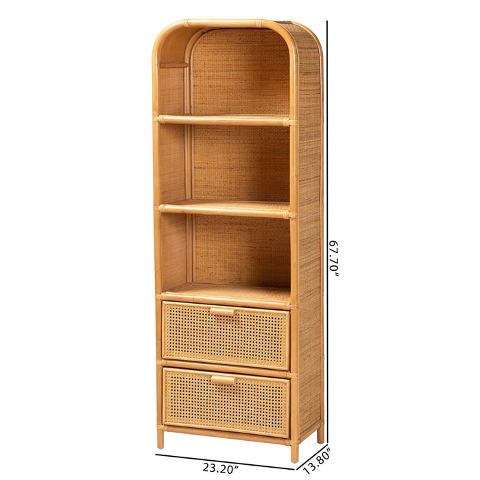 Curacao Honey Rattan Bookcase – Boho 2-Drawer Storage Shelf