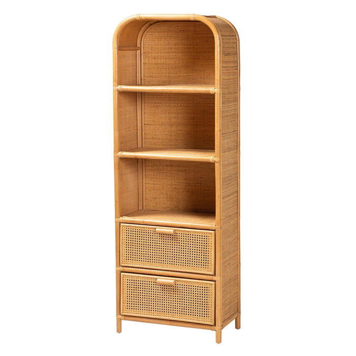 Curacao Honey Rattan Bookcase – Boho 2-Drawer Storage Shelf