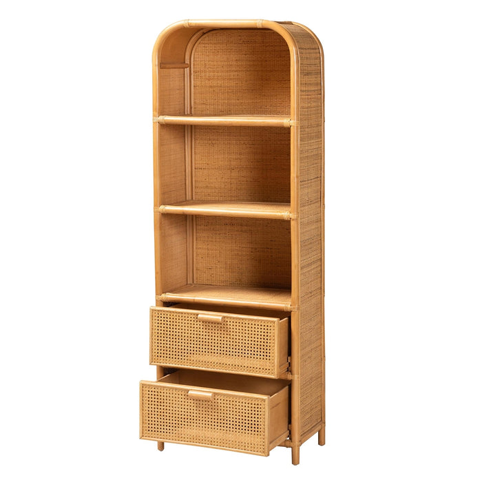 Curacao Honey Rattan Bookcase – Boho 2-Drawer Storage Shelf
