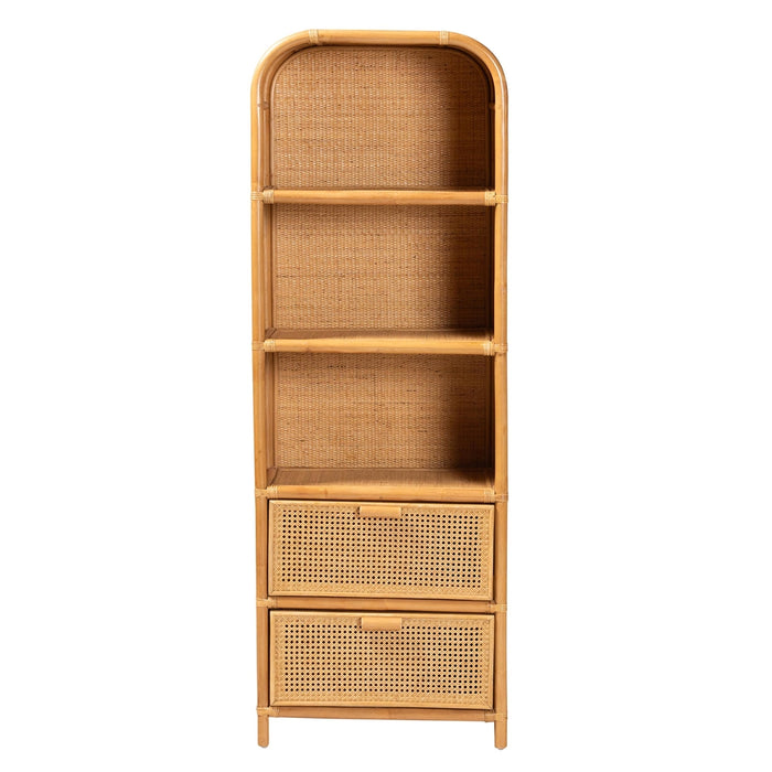 Curacao Honey Rattan Bookcase – Boho 2-Drawer Storage Shelf