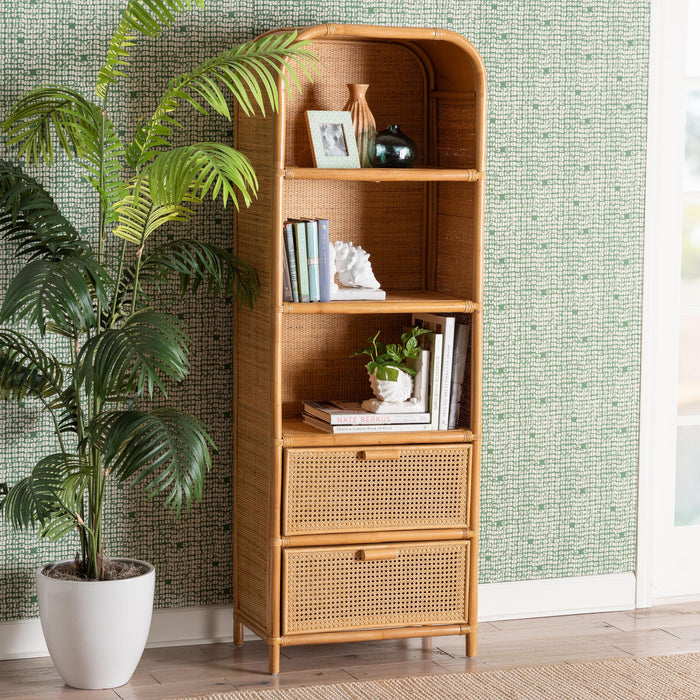 Curacao Honey Rattan Bookcase – Boho 2-Drawer Storage Shelf