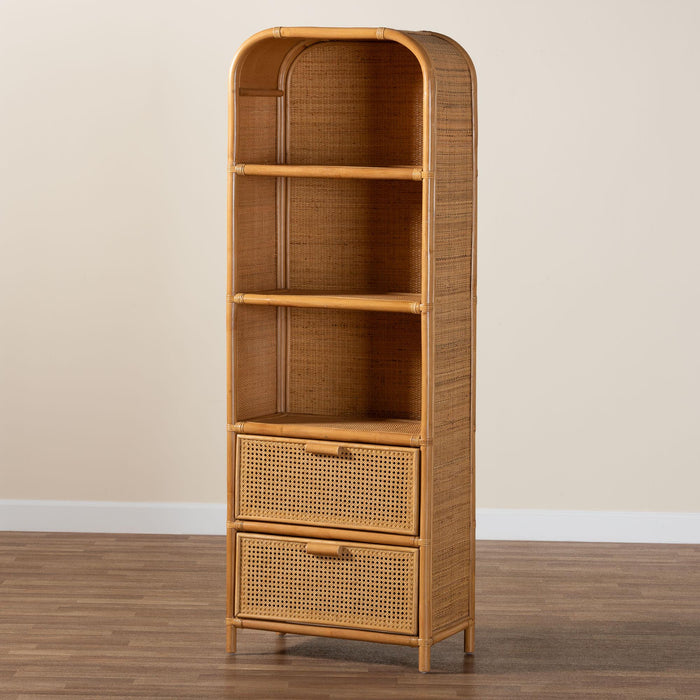 Curacao Honey Rattan Bookcase – Boho 2-Drawer Storage Shelf