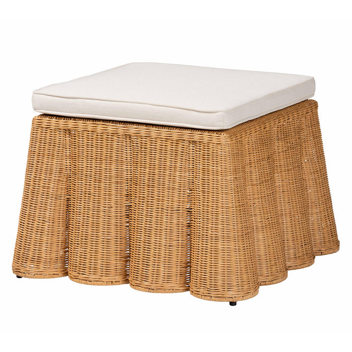 Palm Honey Rattan Ottoman – Boho Scallop Footstool with Cushion
