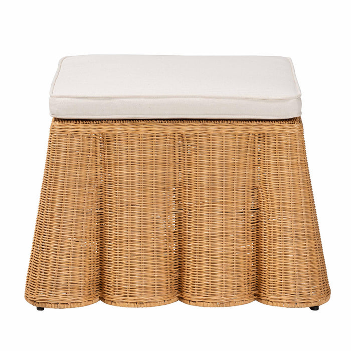 Palm Honey Rattan Ottoman – Boho Scallop Footstool with Cushion