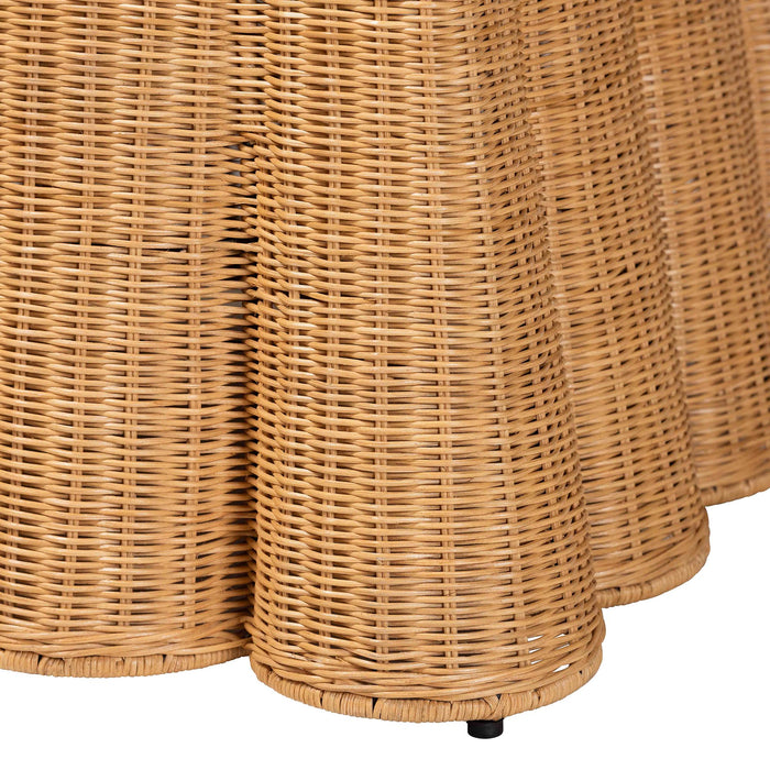 Palm Honey Rattan Ottoman – Boho Scallop Footstool with Cushion