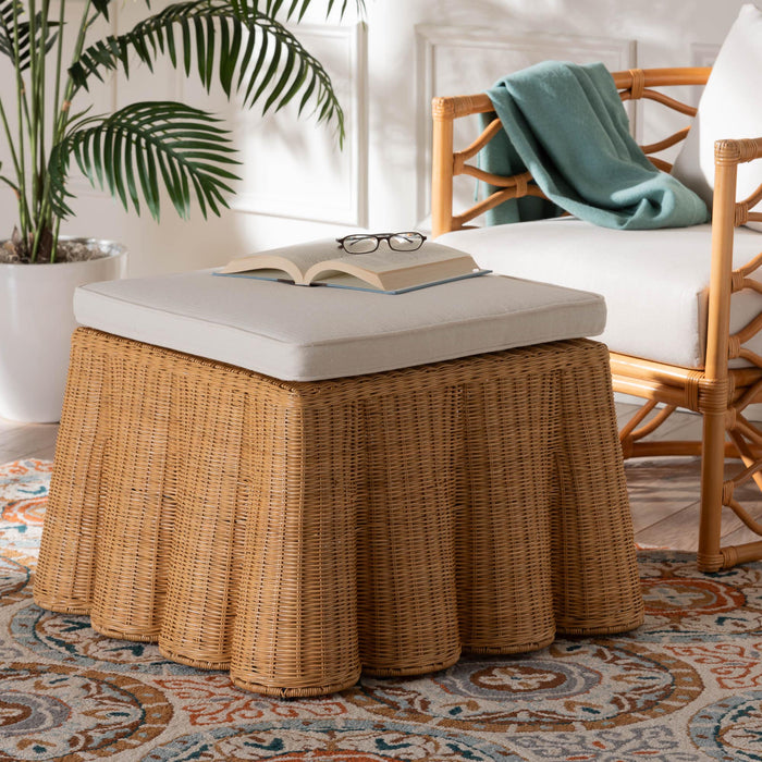 Palm Honey Rattan Ottoman – Boho Scallop Footstool with Cushion