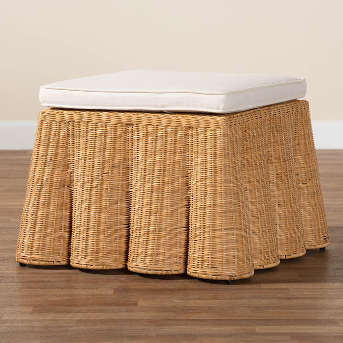 Palm Honey Rattan Ottoman – Boho Scallop Footstool with Cushion