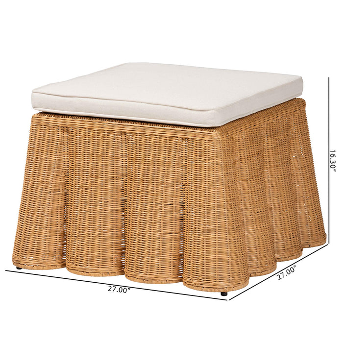 Palm Honey Rattan Ottoman – Boho Scallop Footstool with Cushion