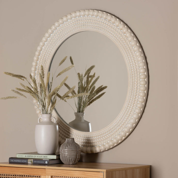 Grazia Modern Round Beaded Accent Mirror in Pearl White