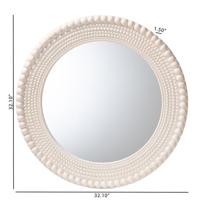Grazia Modern Round Beaded Accent Mirror in Pearl White