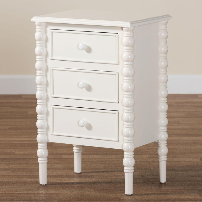 Malinda Classic White Wood 3-Drawer End Table with Spindle Legs
