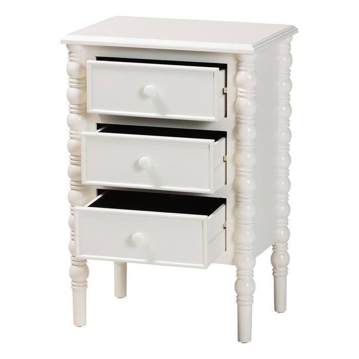 Malinda Classic White Wood 3-Drawer End Table with Spindle Legs
