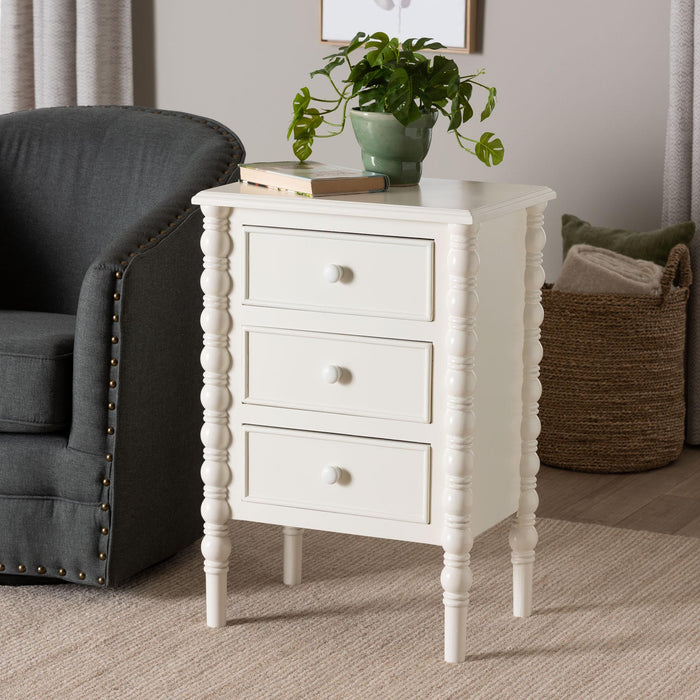 Malinda Classic White Wood 3-Drawer End Table with Spindle Legs
