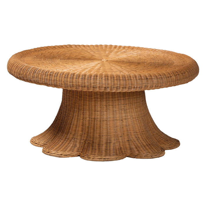 Avalon Natural Rattan Round Coffee Table with Scalloped Pedestal Base – Light Honey