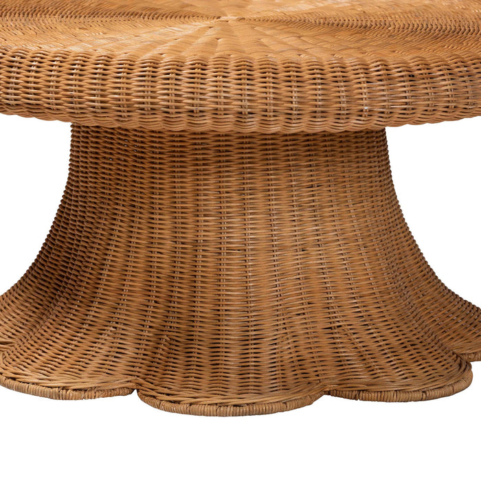 Avalon Natural Rattan Round Coffee Table with Scalloped Pedestal Base – Light Honey