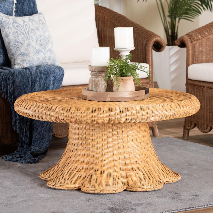 Avalon Natural Rattan Round Coffee Table with Scalloped Pedestal Base – Light Honey