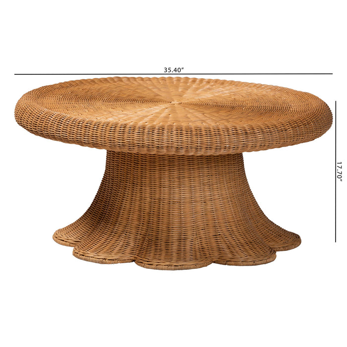 Avalon Natural Rattan Round Coffee Table with Scalloped Pedestal Base – Light Honey