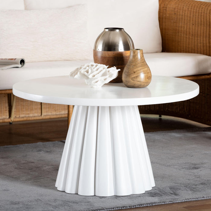 Parvana Round Coffee Table with Fluted Pedestal Base – White Resin