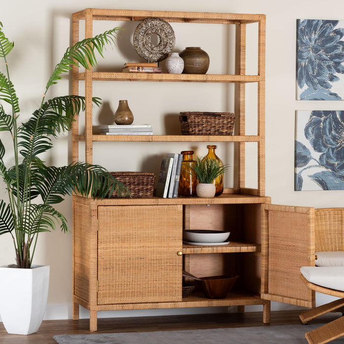 Mortis Natural Rattan Display Shelf with 2-Door Cabinet