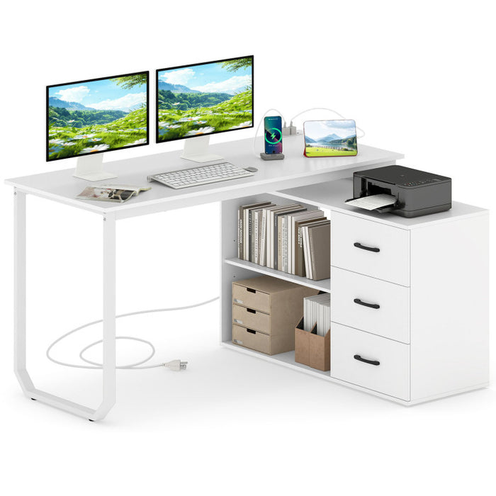55-Inch Reversible L-Shaped Desk with Drawers & Charging Station