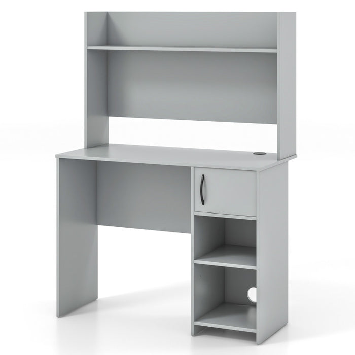 Modern Gray Home Office Desk with Raised Display Shelf & Storage