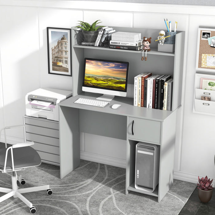 Modern Gray Home Office Desk with Raised Display Shelf & Storage