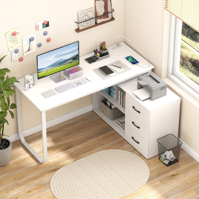 55-Inch Reversible L-Shaped Desk with Drawers & Charging Station