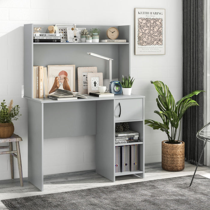 Modern Gray Home Office Desk with Raised Display Shelf & Storage
