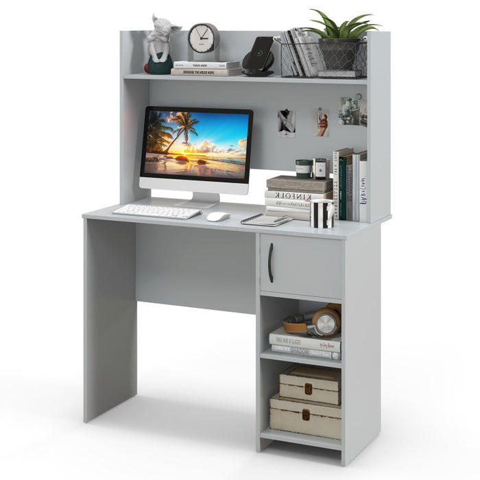 Modern Gray Home Office Desk with Raised Display Shelf & Storage