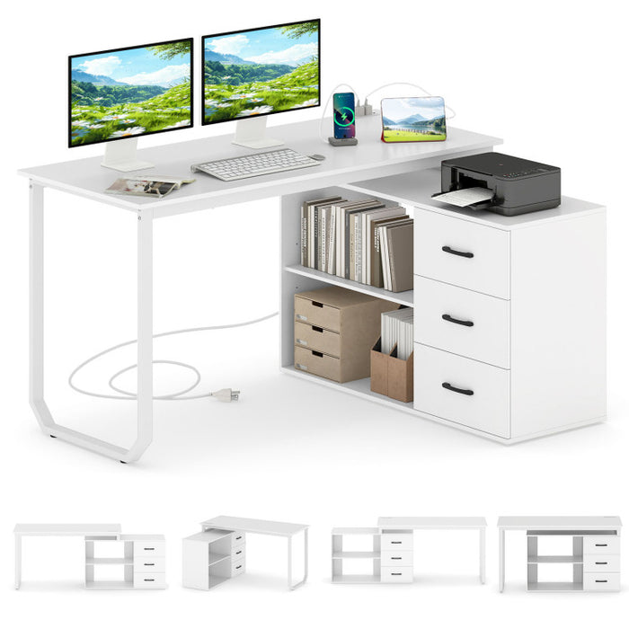55-Inch Reversible L-Shaped Desk with Drawers & Charging Station