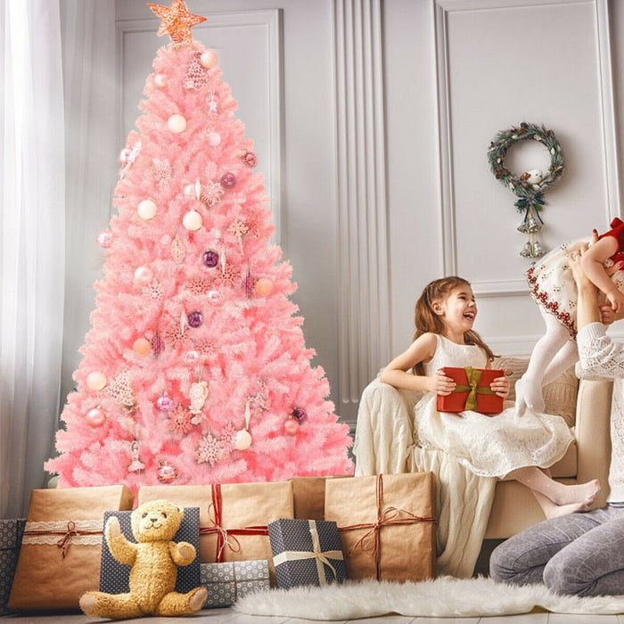 7.5FT Pink Hinged Artificial Christmas Tree – Full Fir Design with Metal Stand