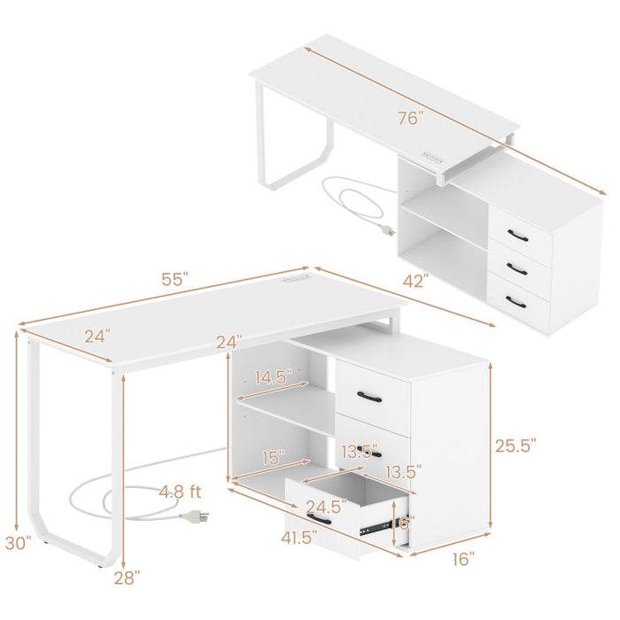 55-Inch Reversible L-Shaped Desk with Drawers & Charging Station