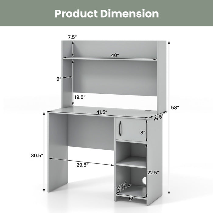 Modern Gray Home Office Desk with Raised Display Shelf & Storage