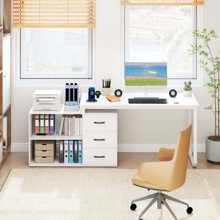 55-Inch Reversible L-Shaped Desk with Drawers & Charging Station